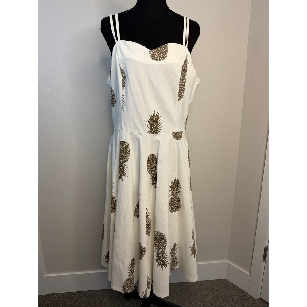 GownTown‎ White Gold Pineapple Print Swing Dress Retro Rockabilly XL Summer Midi